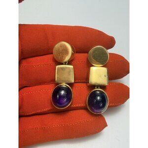 Vintage Steve Vaubel Amethyst Drop Earrings Gold Tone 1988 Modernist Design